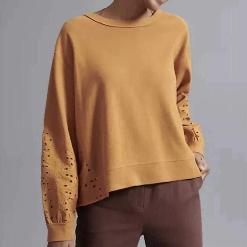 Anthropologie Pilcro Maura Eyelet Lace Sweatshirt Sz S Mustard Yellow